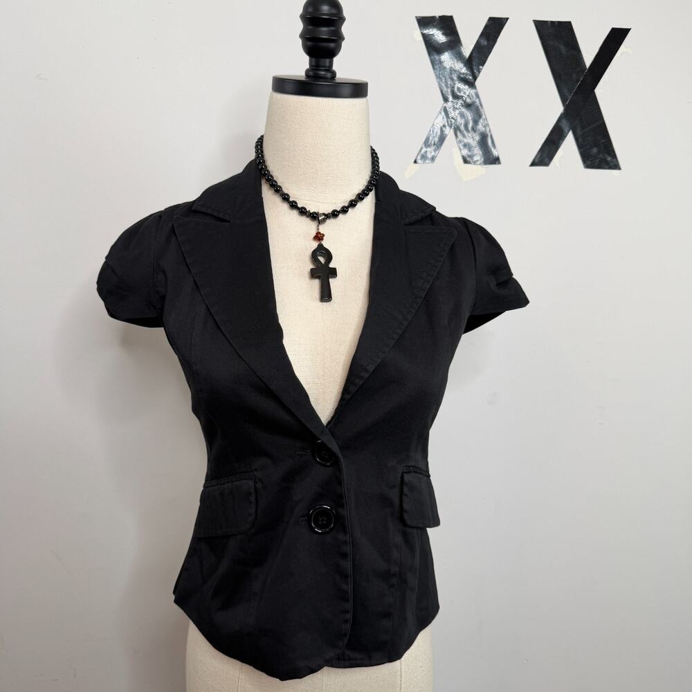 Y2K Black Ruched Cap Sleeve Deep V Double Breasted Fitted Cropped Vest Top S